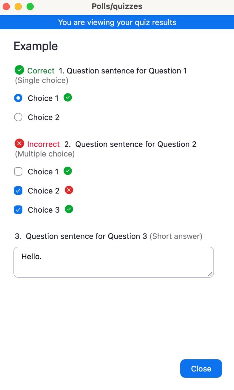 the Quiz answers sharing screen